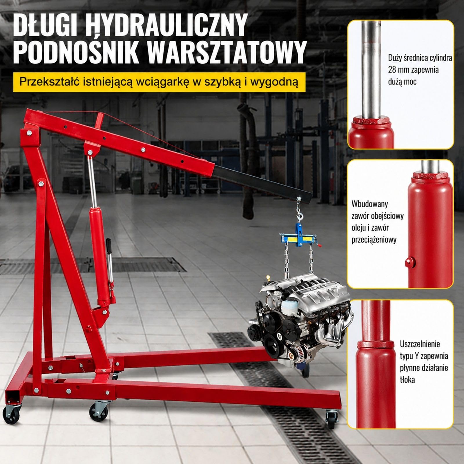 Hydrauliczny long ram podnośnik 8 ton, ręczna pojedyncza pompa, do żurawia warsztatowego