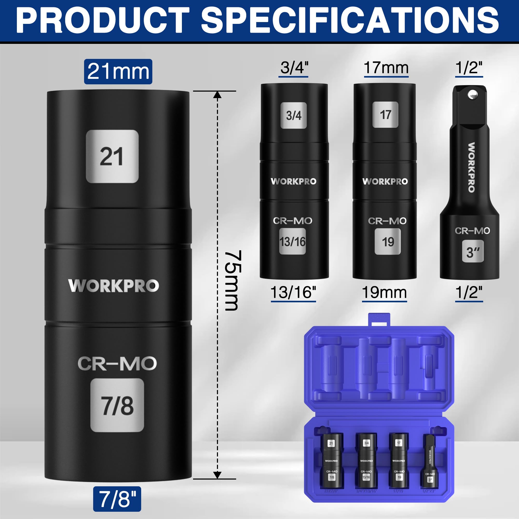 WORKPRO 1/2" DR. Impact Socket Set, Cr-Mo Steel Heavy Duty Flip Sockets with Extension Bar, 17 mm, 19 mm - Image 2