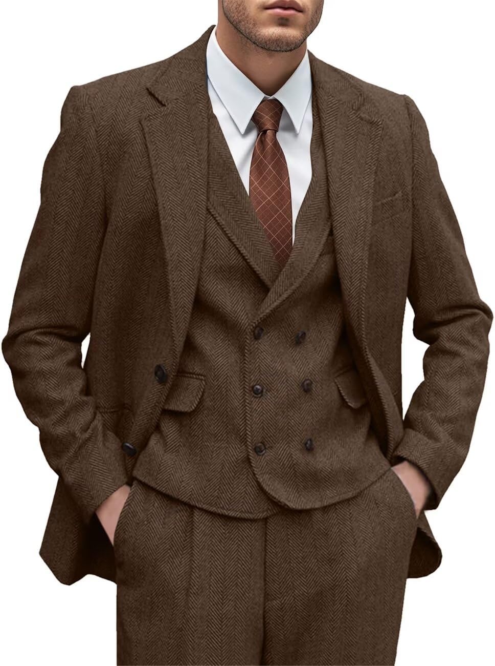 Mens Tweed Suit 3 Piece Slim Fit Herringbone Wedding Groomsmen Tuxedos Retro Jacket Double Breasted Vest Pants Set