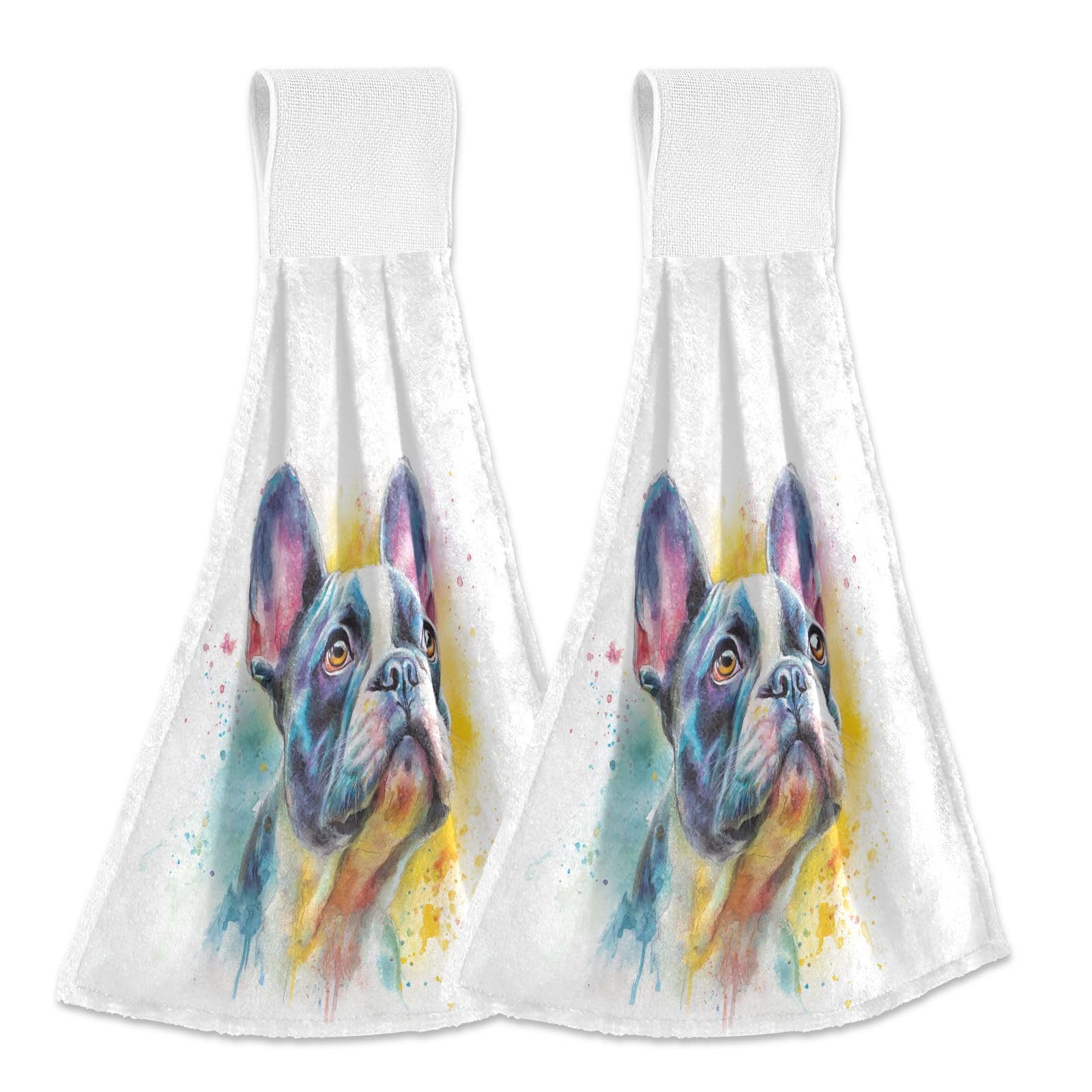 Boccsty Watercolor French Bulldog Hanging Kitchen Towels 2 Pieces Dog Puppy Animal Dish Towel Hand Towels Tea Bar Towels for Bathroom Farmhouse