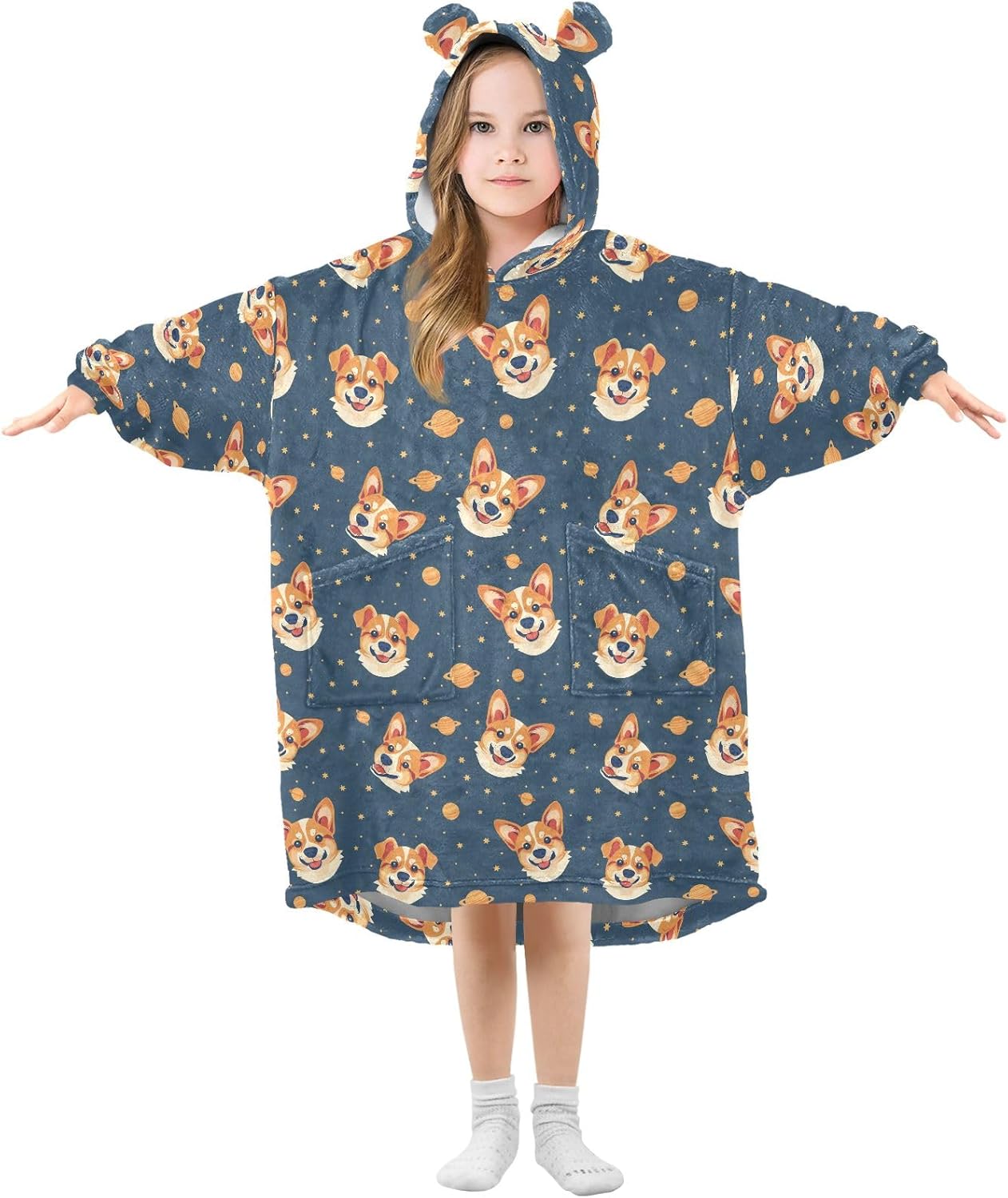 Space Corgi Wearable Blankets for Kids, Soft Warm Cozy Blanket Hoodie for Boys Girls with Pocket