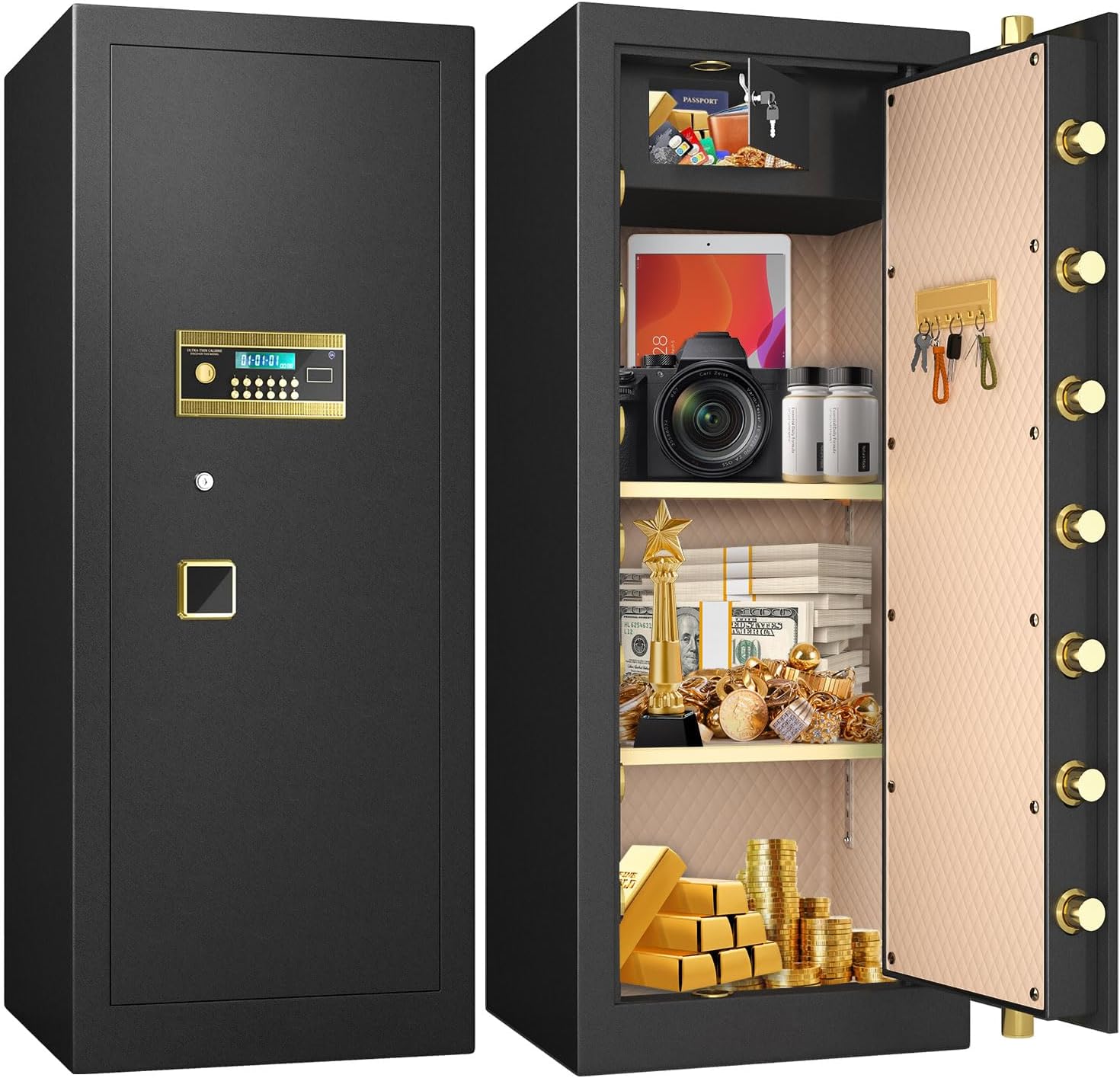 Safe, 39.37''H Extra Large Safes Box, 9.0 Cubic Feet Heavy Duty Safe with 2 Adjustable Shelf & Seperate Lock Box, Home Floor Safes with LCD Screen & Hidden Code for Doc Cash Jewelry Valuables
