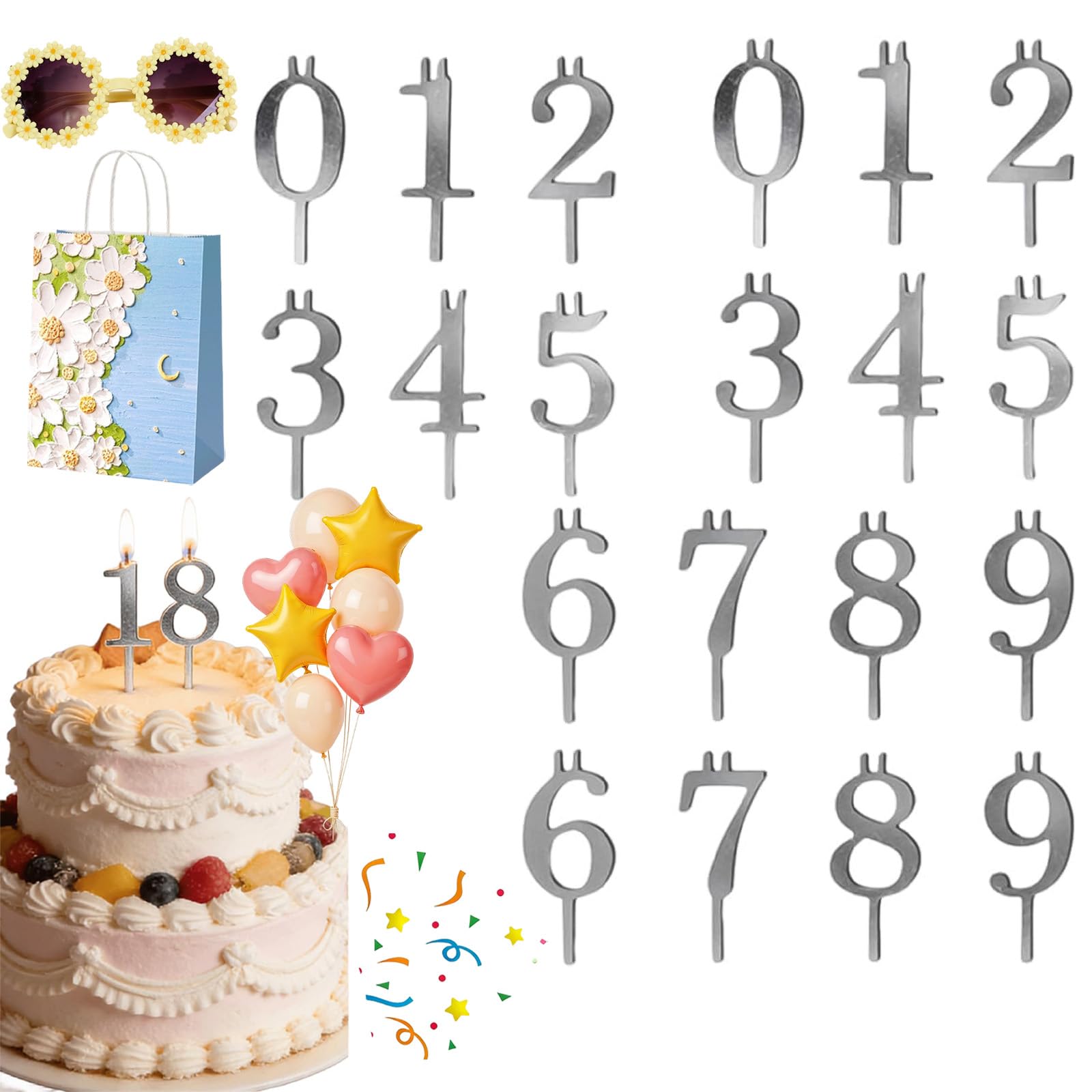 Bougie chiffre anniversaire réutilisable en métal argenté pour décoration de gâteau de fête