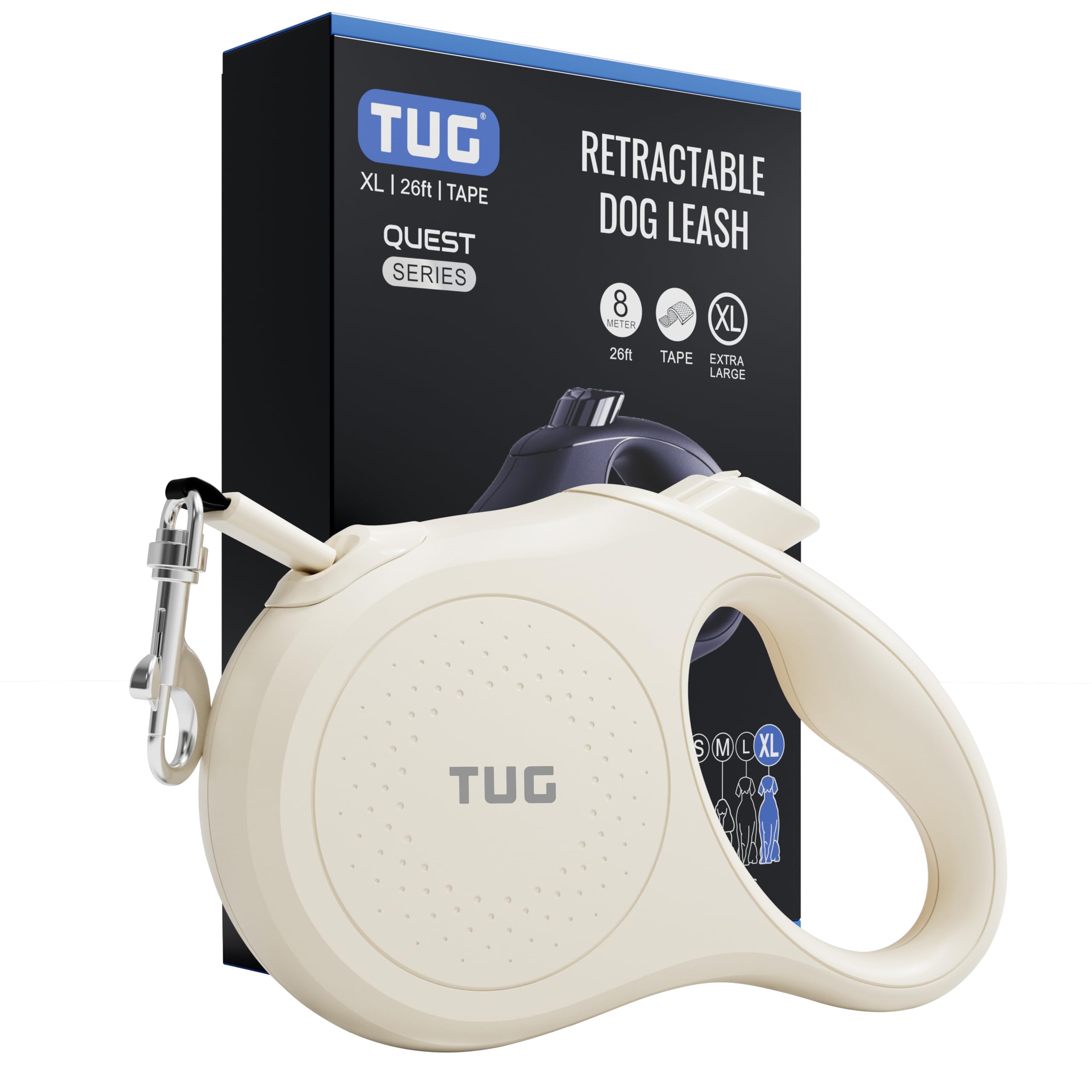 TUG Quest Retractable Dog Leash | 360° Tangle-Free | 26 ft Tape (XL, Cream) | 360° Tangle…