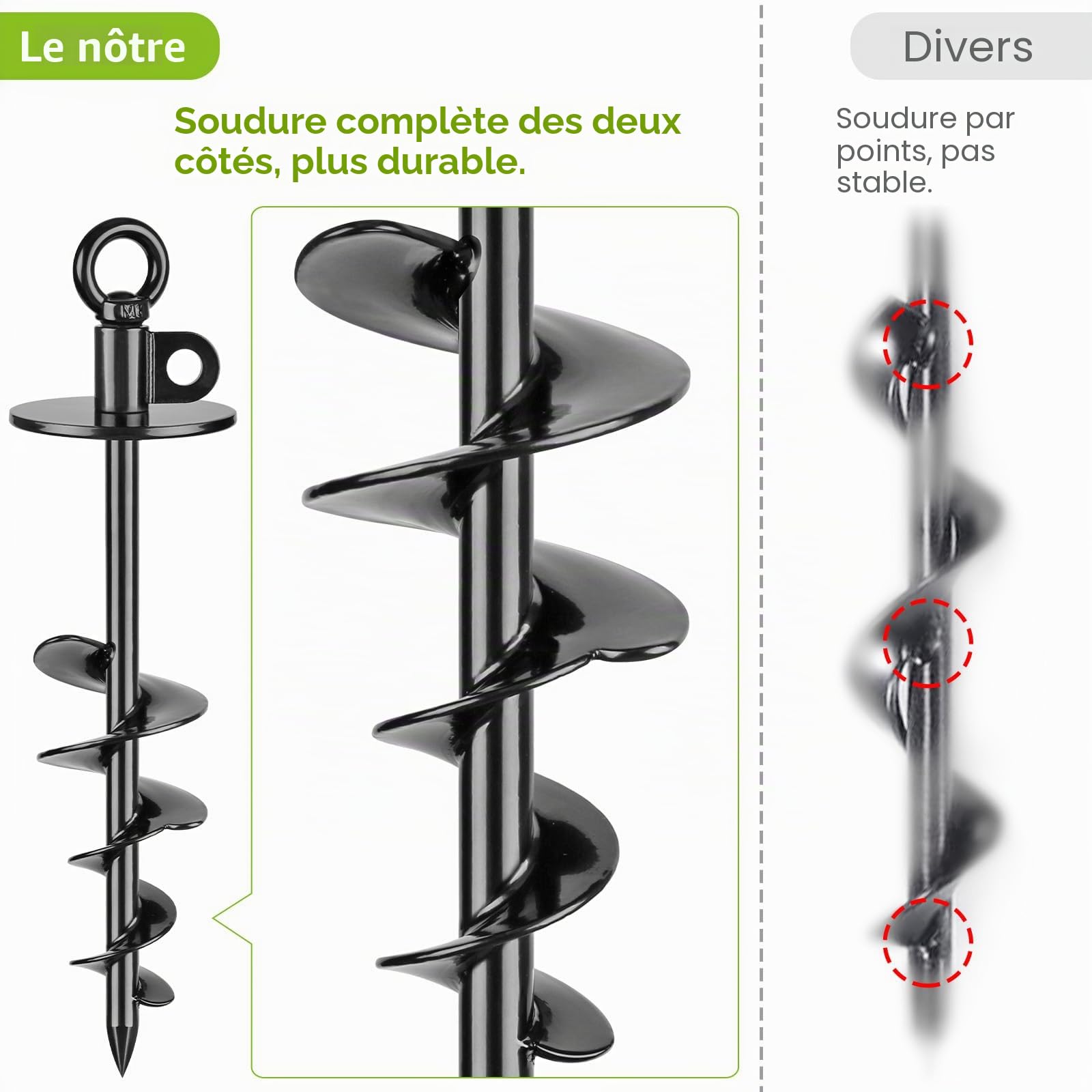 Piquet d'attache robuste pour chiens (100 kg), sans nœuds, facile à installer et à enlever, idéal pour la cour, le camping et la plage (noir)