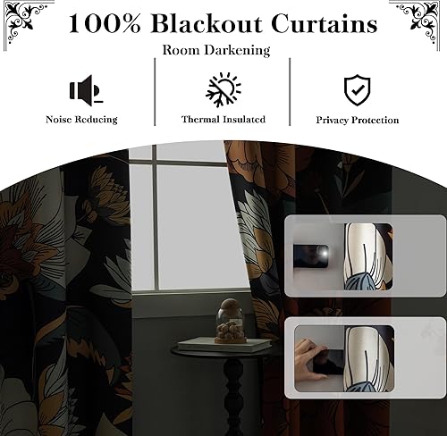 Miniatura 2 de Cortinas 100% opacas negras, bohemias, botánicas, florales, 2 paneles, diseño de mediados de siglo para sala, dormitorio, con ojales, aislamiento