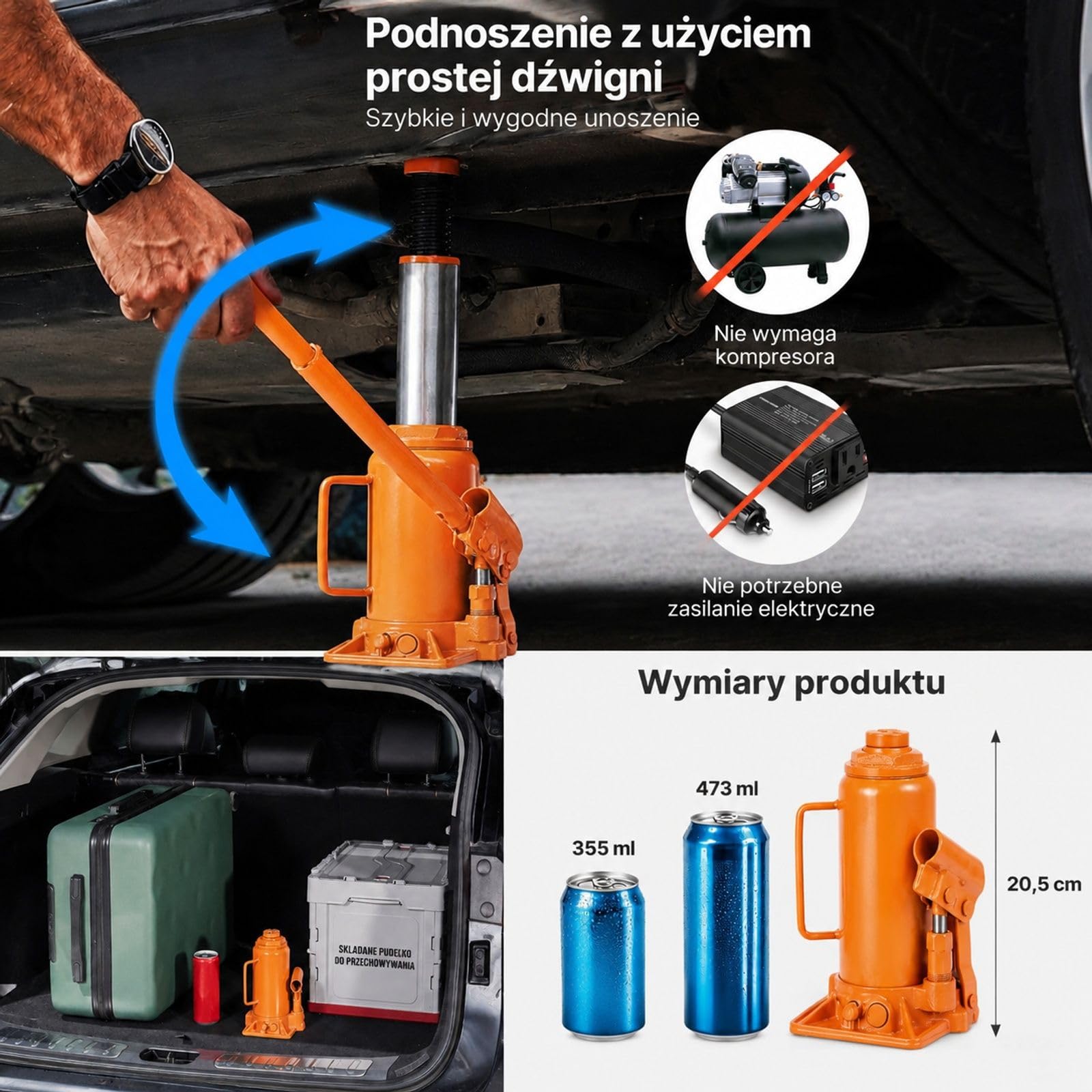 Podnośnik hydrauliczny 12 t, zakres podnoszenia 205-400 mm, wytrzymały podnośnik butelkowy do samochodów osobowych, SUV-ów, pickupów, warsztatów samochodowych, podnośników domowych, sprzętu