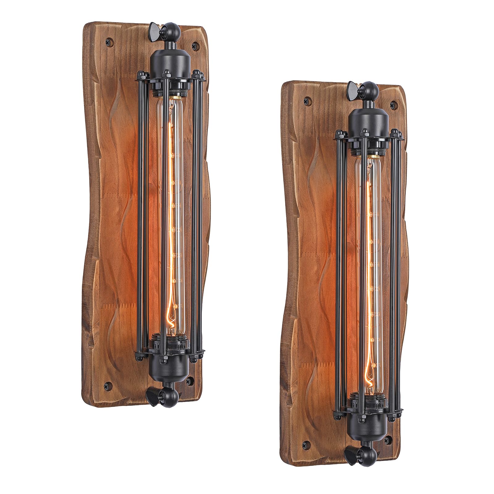 KEESFU Vintage Wall Sconces Set of Two, Wooden Wall Lamps with Black Metal Cage, Farmhouse Wall Light Fixtures with E27 Base for Bedroom, Bedside, Living Room, Bathroom Vanity