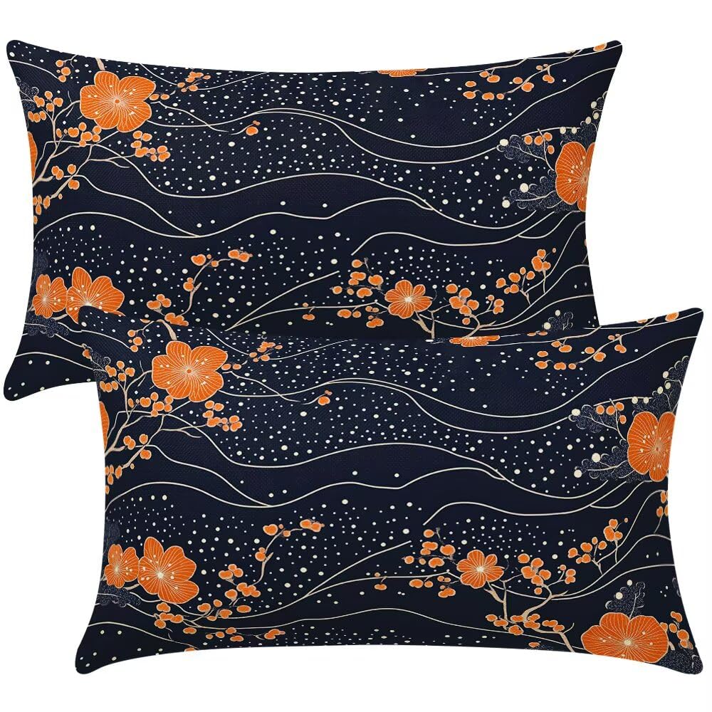 Cushion Covers 35cm x 55cm Orange Flowers Cushion Cover 14 x 22 Inches Pack of 2 Throw Pillow Covers Abstract Sofa Cushions Polyester Linen Pillowcases for Couch Living Room Bedroom Home Decor -SC395