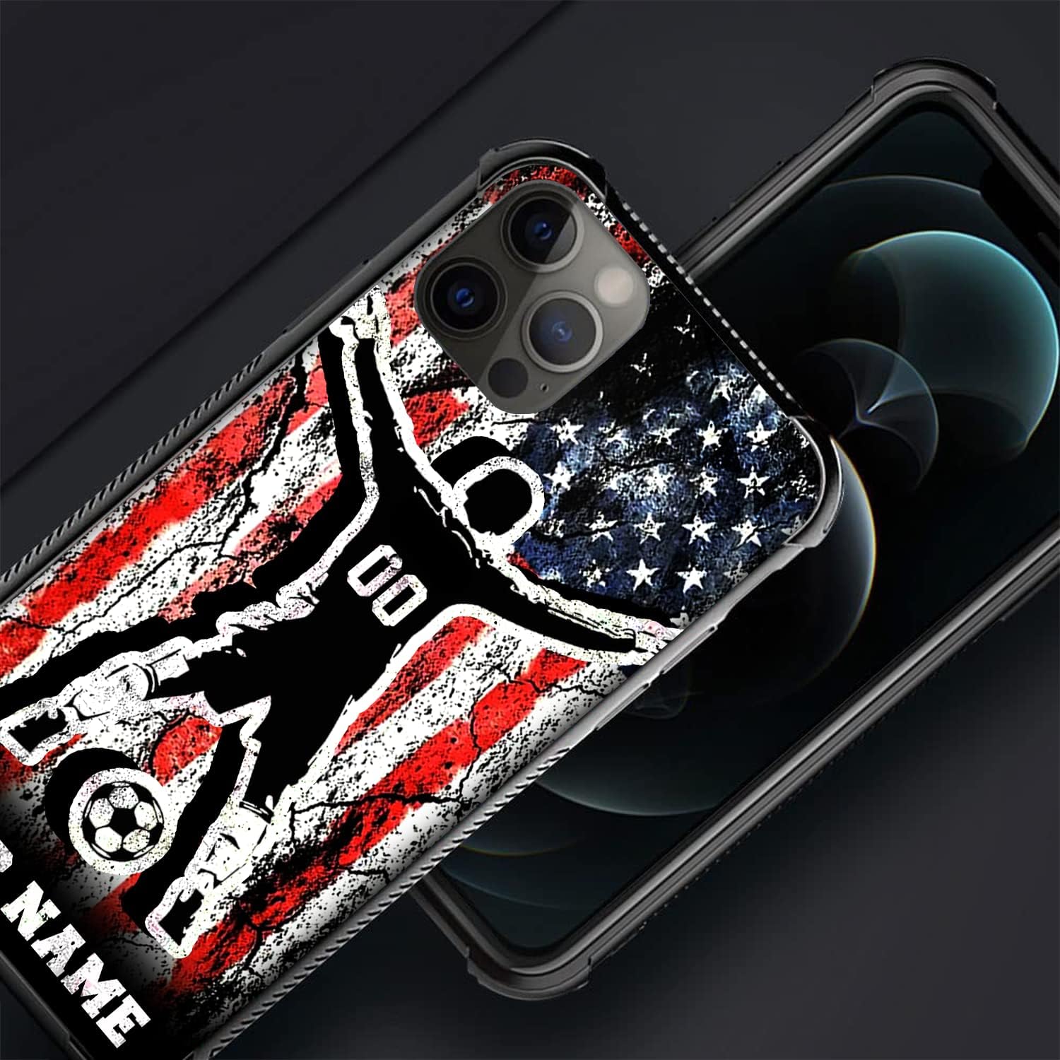 Personalized Soccer Sport-Custom America Flag Name Number Phone Case for iPhone 16 15 14 13 12 11 Pro Max Galaxy S25 S24 S23 PLUS ULTRA S22 S21 S20 FE A16 A15 A14 A54 Customized Gift for Men Boys