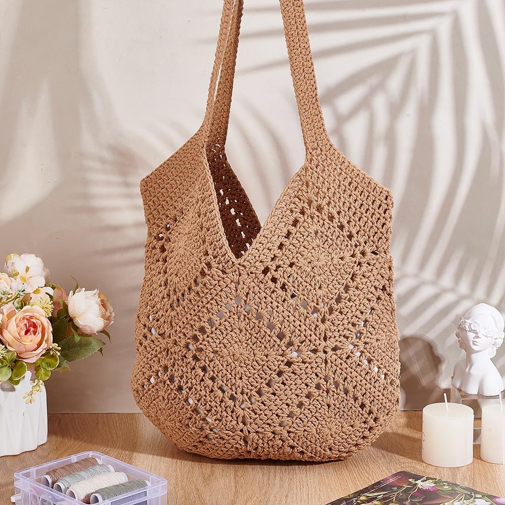 FREEBLOSS Crochet Beach Bags for Women Brown Boho Knitted Tote Bag Soft Woven Purses Shoulder Bag for Summer Vacation Women Knit Beach Bag - Image 5