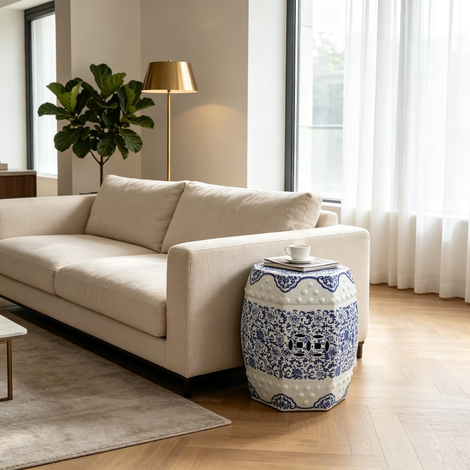 Ceramiczny Stołek Ogrodowy-dekoracyjny Stołek Chinoiserie Na Stolik Na Zewnątrz-do Wewnętrznego Ogrodu I Patio-akcent Wystroju Domu-17,3 "H