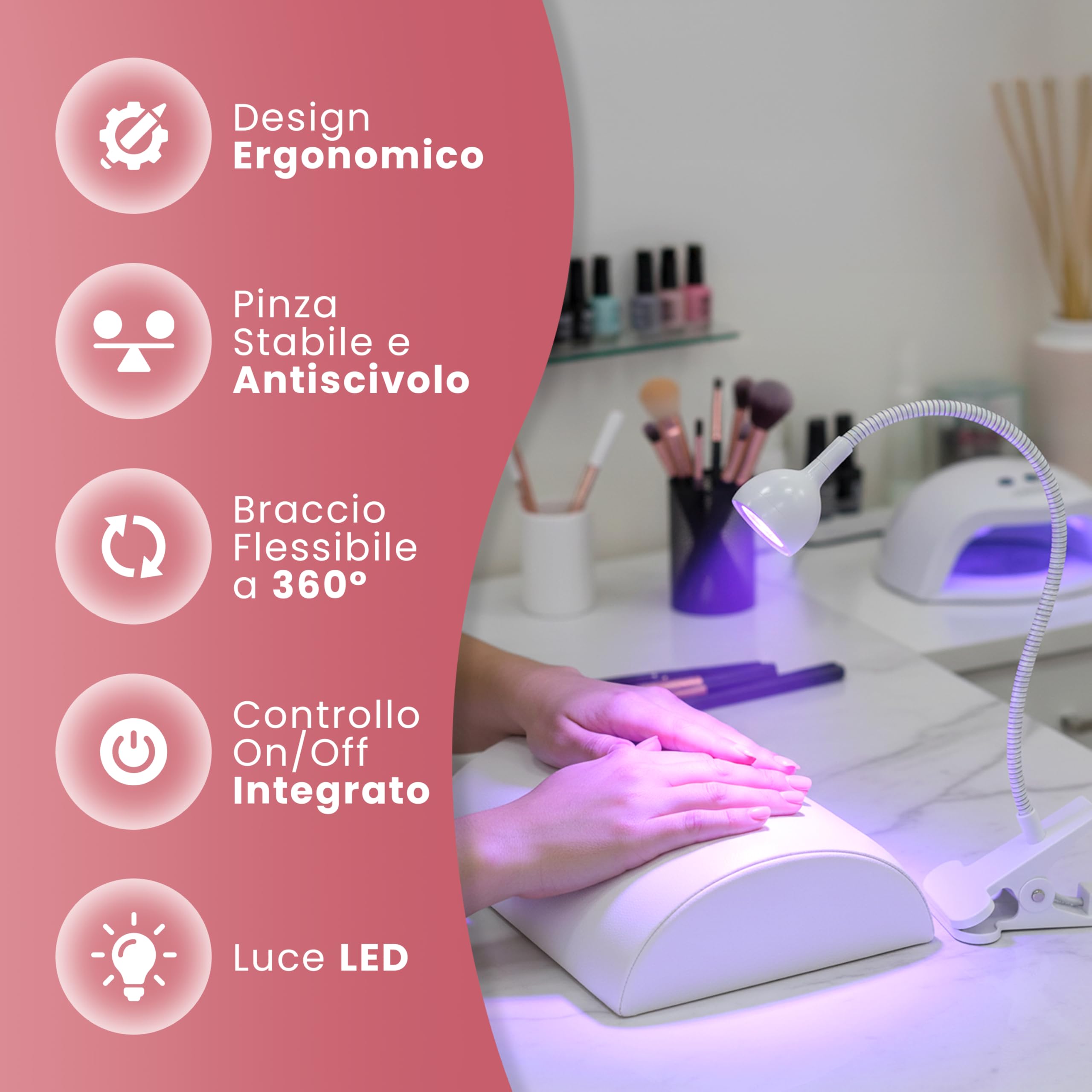 Lampada UV LED Unghie con Clip da Tavolo, Mini Lampada Portatile per Semipermanente e Nail Art, Braccio Flessibile Rotazione 360°, Pulsante On/Off sul Cavo, Luce per Manicure da Casa