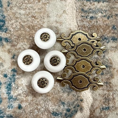 Miniatura 6 de Perillas de cerámica retro para gabinete, 4 unidades Perillas antiguas vintage para cajones con placa trasera, manijas de gabinete para cocina,