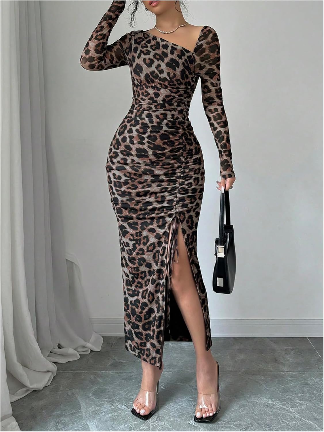 Floerns Women's Leopard Print Long Sleeve Slit Drawstring Ruched Bodycon Party Dress - Image 3