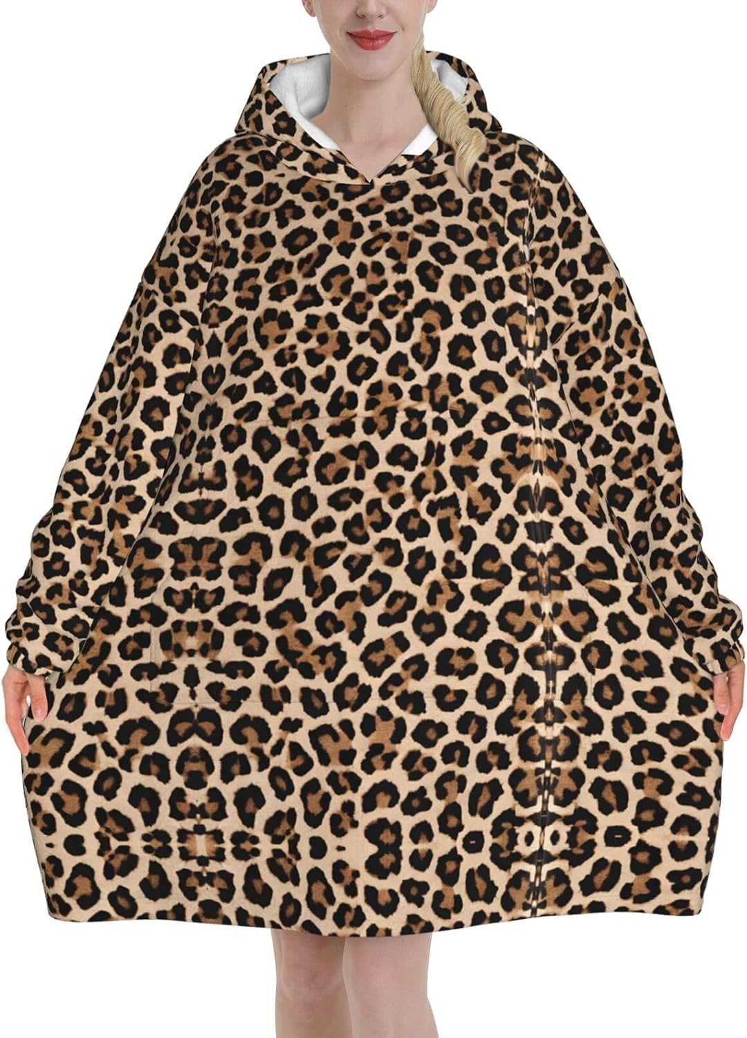MUSM Leopard Patterned Wallpaper Print Blanket Hoodie Fleece Sweatshirt Blanket With Sleeves And Pockets