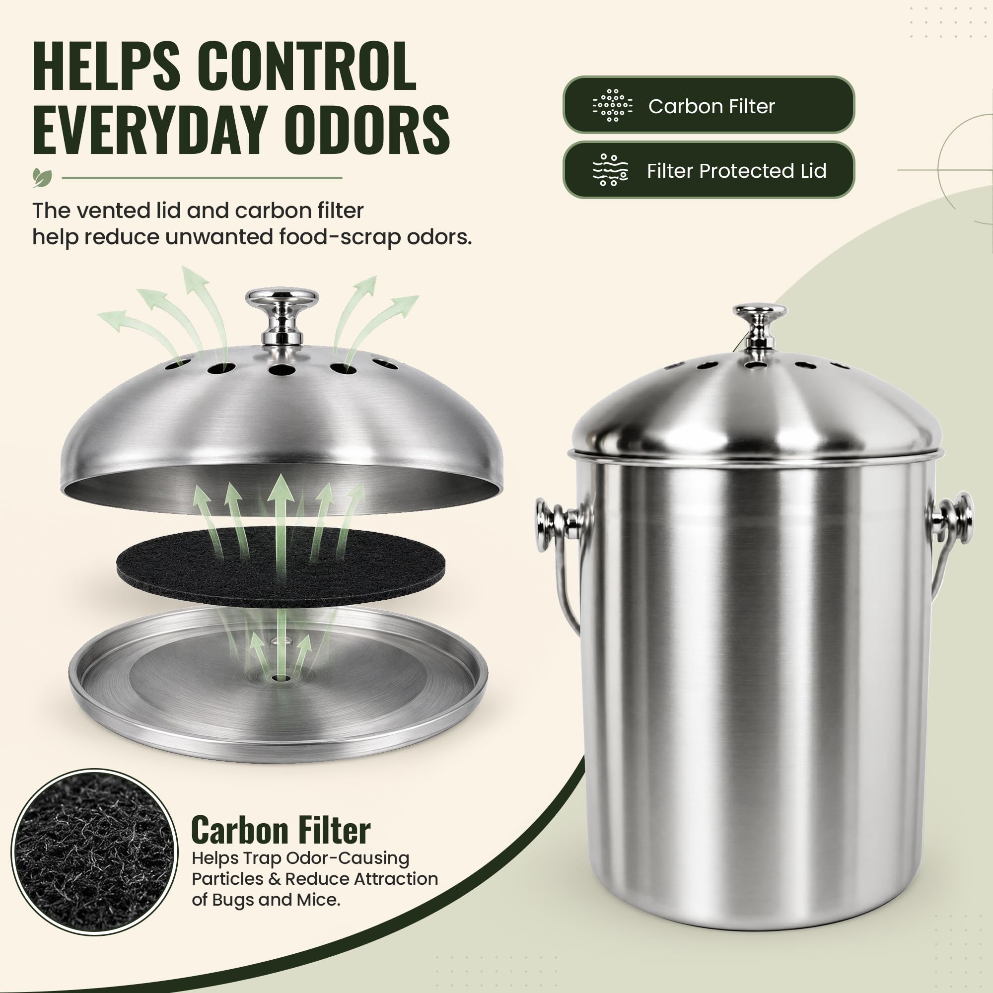 Epica, Secchio per compost da banco da cucina, 5 litri, inodore, con filtri a carbone, da interno, con coperchio, compostiera in acciaio inox per avanzi di cibo e riciclaggio dei rifiuti