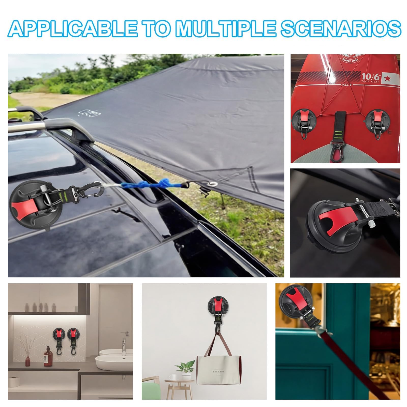 4 Stück Saugnapf Haken Starker Halt für Camping, Große Saugnäpfe mit 35 KG Tragkraft & D-Ringen,Wiederverwendbar, Ohne Bohren, Vakuum Saughaken Extra Stark für Wohnmobil, Zelt, Auto, Fliesen, Glas - 5