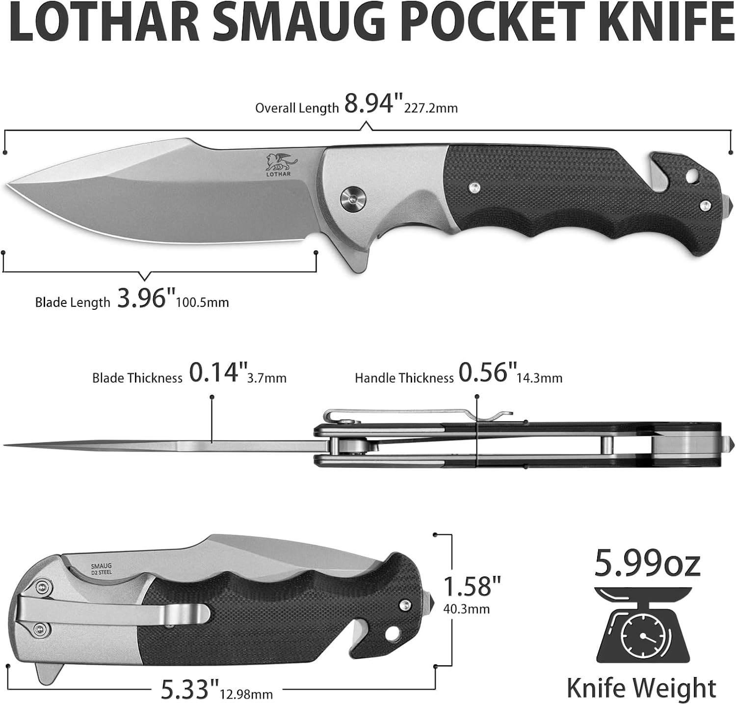 LOTHAR SMAUG Tactical Pocket Knife, 3.7" D2 Steel Blade Pocket Knives for Men, G10 Handle, 3-in-1 Survival Knife with Glass Breaker, Hunting Knife for Camping, Gift for Men Women (GREY)