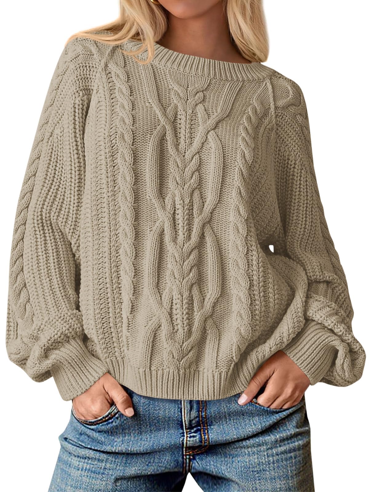 Cicy Bell Womens Oversized Cable Knit Sweaters Crew Neck Long Sleeve Fall Chunky Pullover Casual Loose Fit Sweater