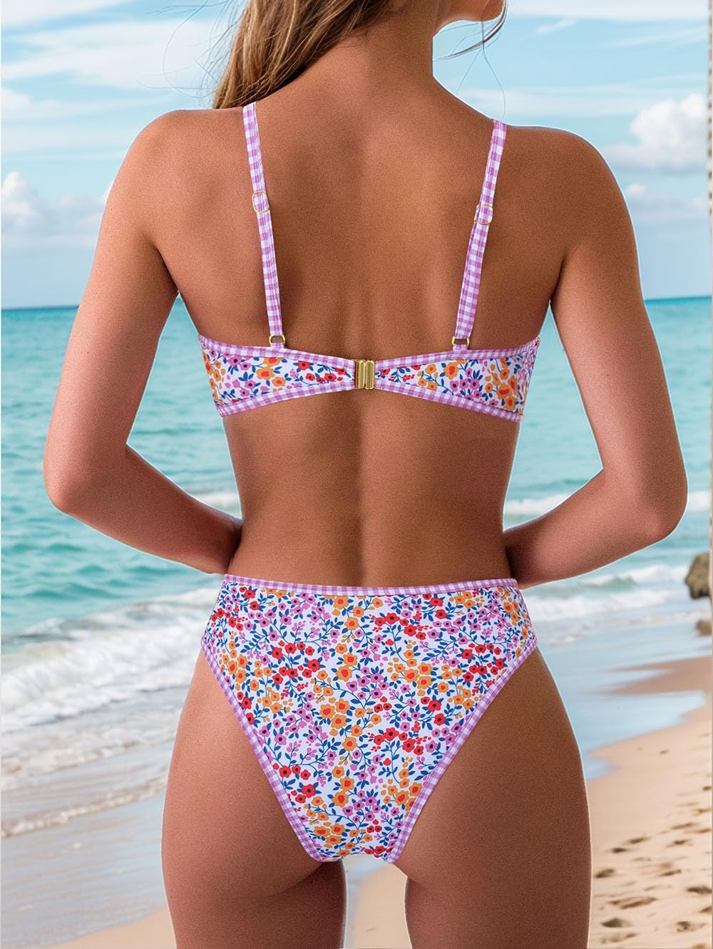 Tainehs Women's Two Piece Bikini Sets O Ring Front Top Ditsy Floral Triangle Swimsuits Cheeky Bathing Suit - Image 3