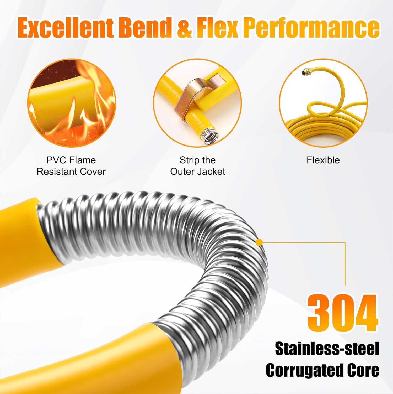 1/2" CSST Gas Line for Natural Gas & Propane | Flexible Corrugated Stainless Steel Gas Tubing with PVC Cover, Brass Fittings Included | Gas Pipe for Grills, Heaters, Stoves, Generators (33ft)