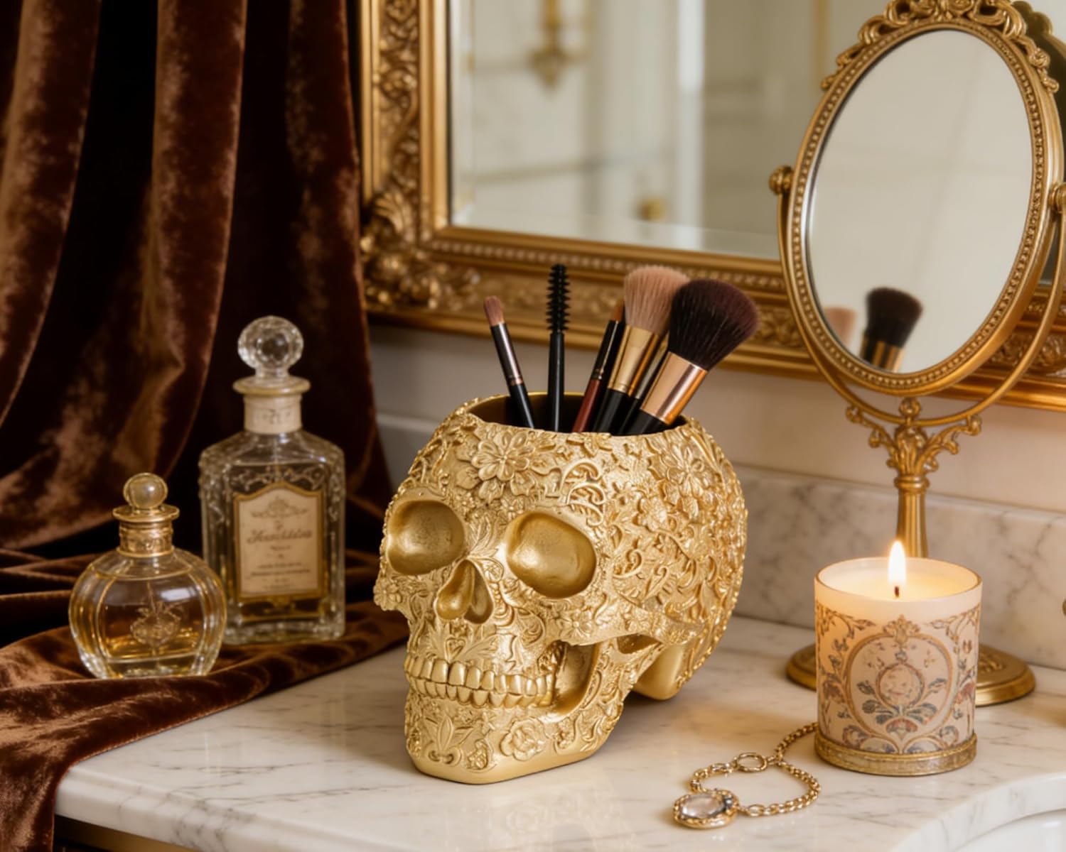 Skull Bowl Decorative Skull Vase Makeup Brush Pen Holder Organizer Dresser Gothic Table Organizer Decoration, Gold Skull Pot Enthusiasts Gifts