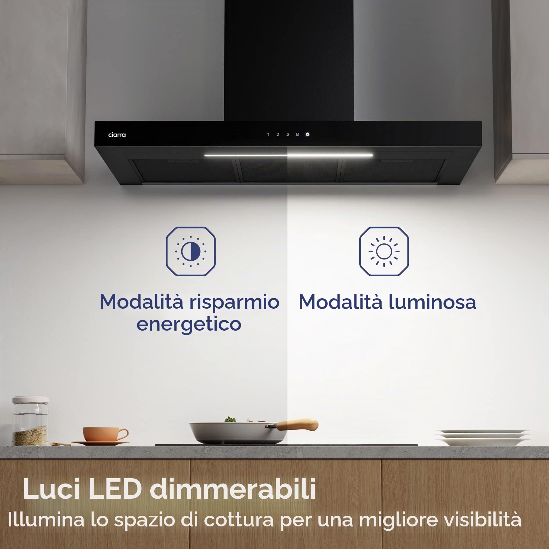 CIARRA A+++ CBCB9102 - Cappa aspirante 90 cm, con applicazione touch, 650 m³/h, 4 livelli Filtro Carbone