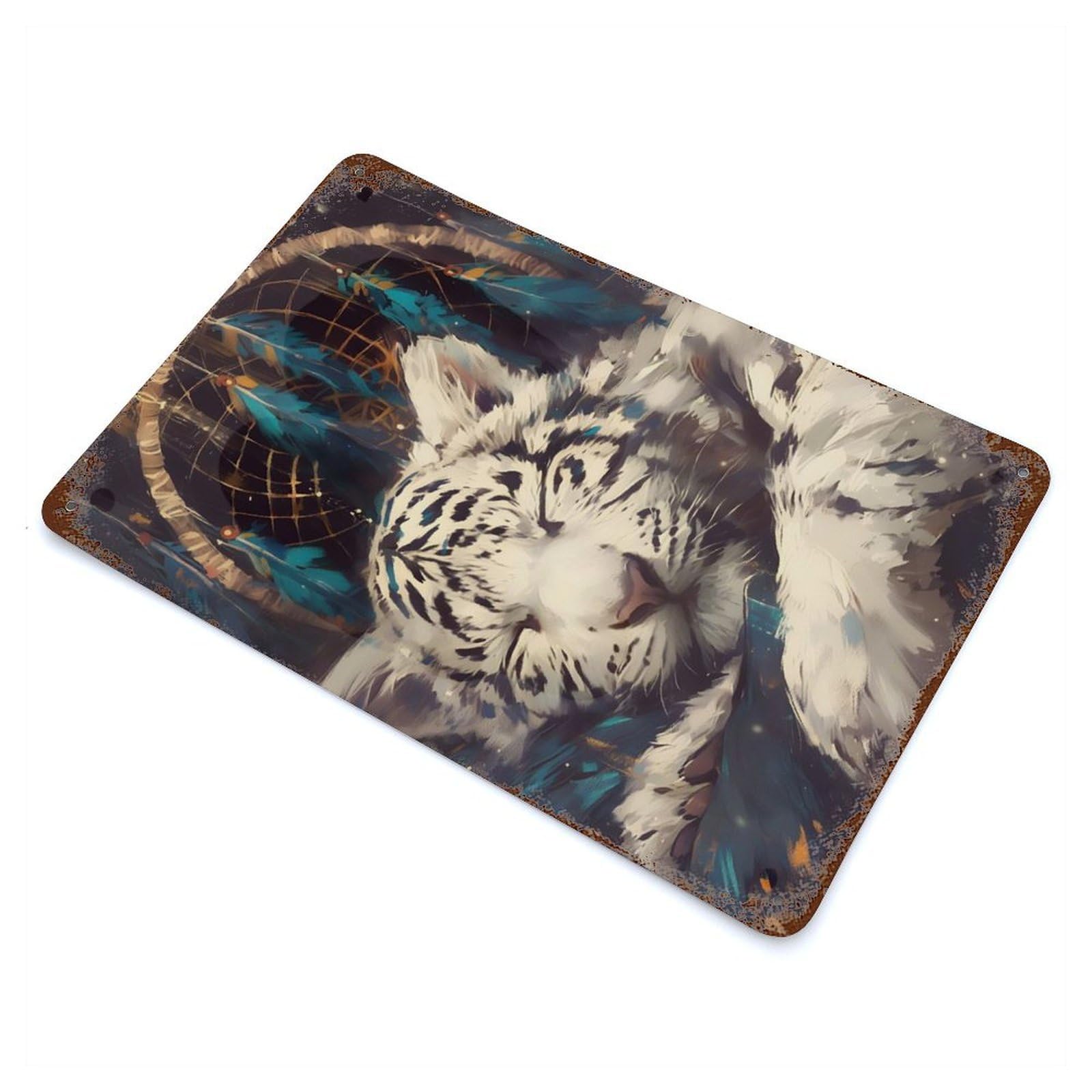 Sleeping White Tiger Dreamcatcher Vintage Rust Metal Sign 11.8"x7.9", Farmhouse Wall Decor for Garage, Pub Or Kitchen