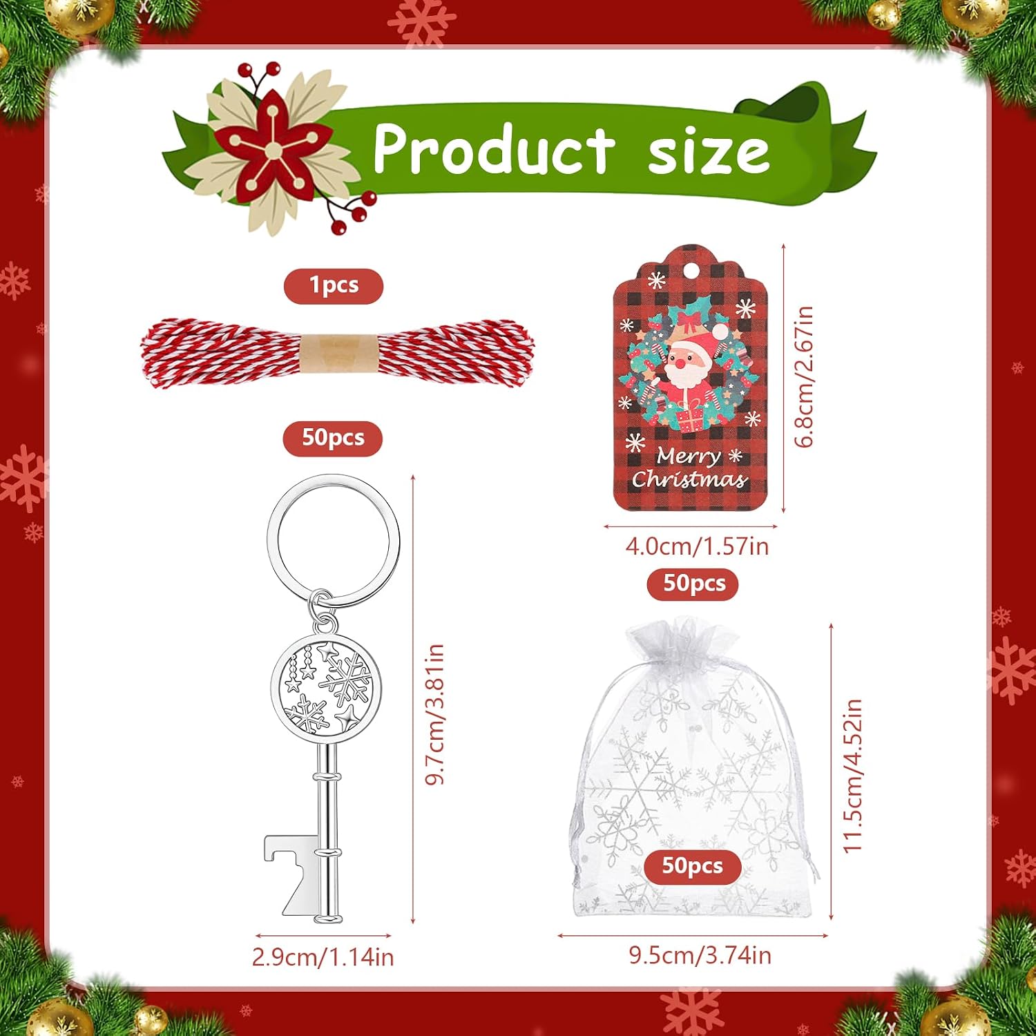 50Pcs Christmas Snowflake Key Beer Bottle Opener Bulk Silver Snowflake Keychain Ornaments with Cards and Ropes Xmas Tree Decorations Party Favors for Guests Theme Festive Supplies Coworker Gifts image 2