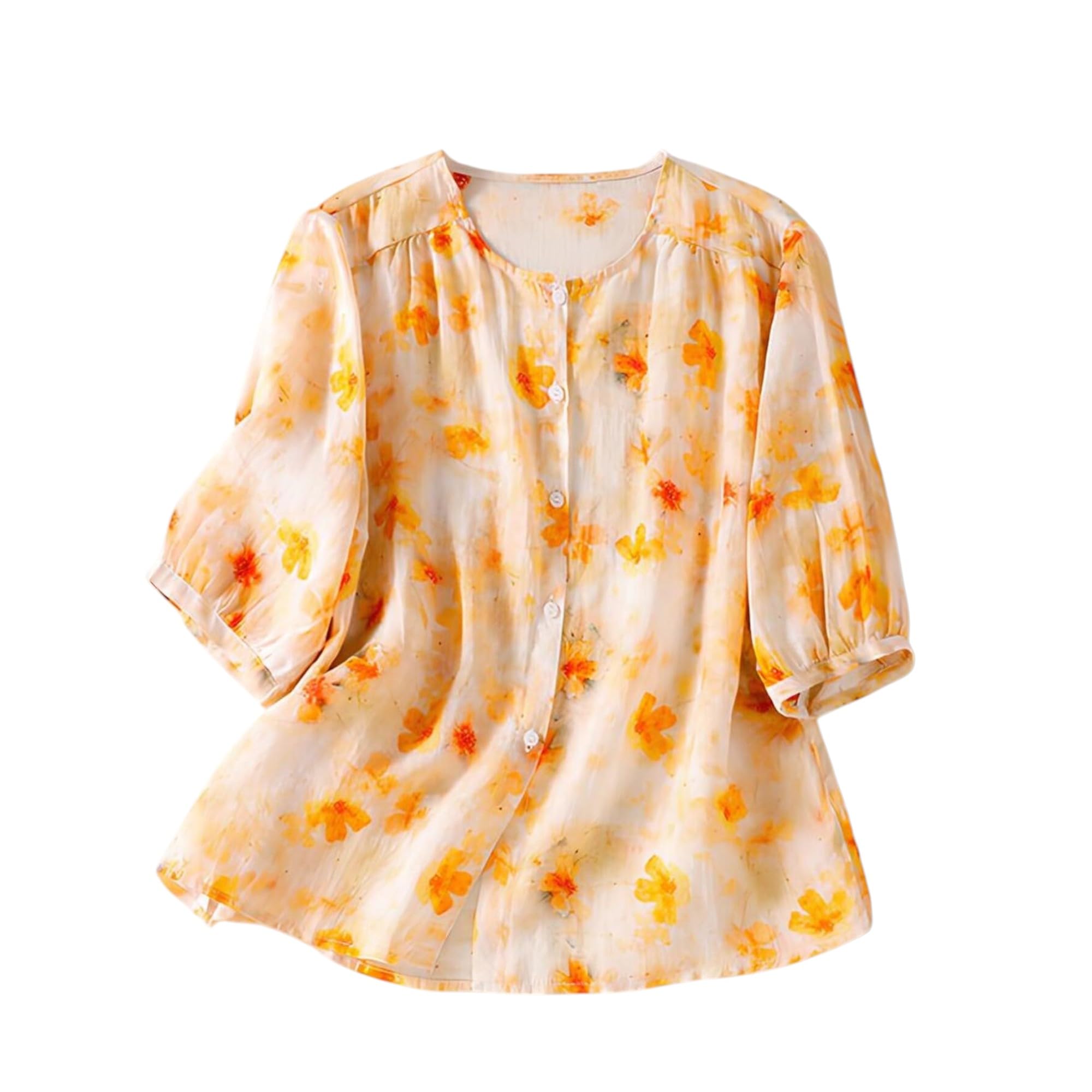 gufrina Women’s Button Down Shirt with Three Quarter Sleeves and Lightweight Fabric Featuring Orange Floral Print in Relaxed Fit (TOP-128)-picture-23