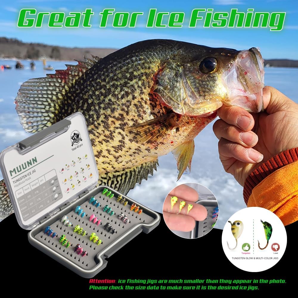 Tungsten Ice Fishing Jigs Kit - 15/21/45pcs Effective Glow Lures for Crappie, Panfish, Walleye