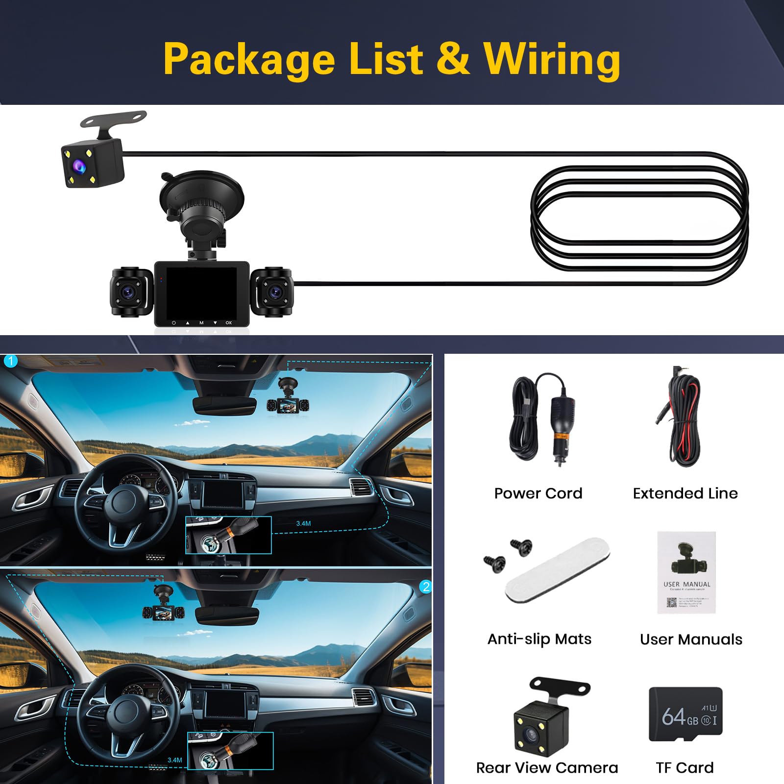 Hikity 2.4" 1080P WiFi Dashcam 4 Dashcam con DVR G-Sensor Tarjeta TF 64G | Pantalla IPS Dashcam con Coche Ángulo 360° Modo Aparcamiento 24H Grabación Continua Cámara de Coche Visión Nocturna