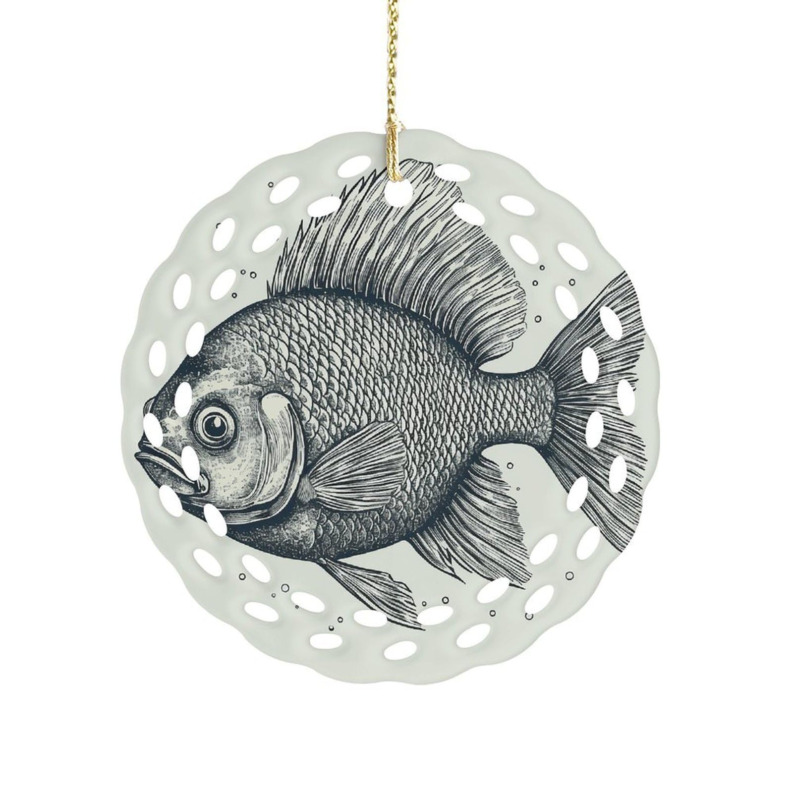 Btcowzrv Style Hand Drawn Small Fish Ceramic Ornament,Round Ornaments With Hole Easy To Hang,Hanging Ornament For Wedding Party Home Window Garden Christmas Day Decor