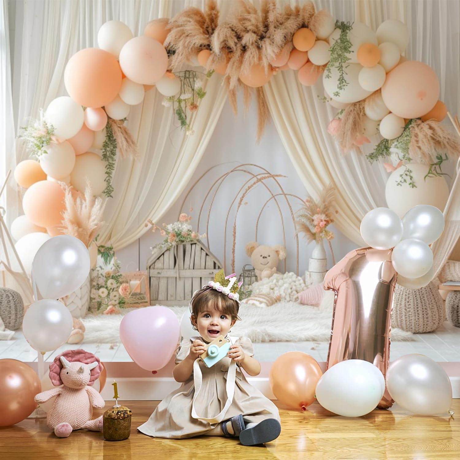 1° Compleanno Sfondo per Ragazza 3.6x3m, Boho Balloon Rainbow Bear Tenda Compleanno Tema Sfondo Fotografico per Principessa 1° Compleanno Baby Shower Festa Decorazione Banner Studio Props