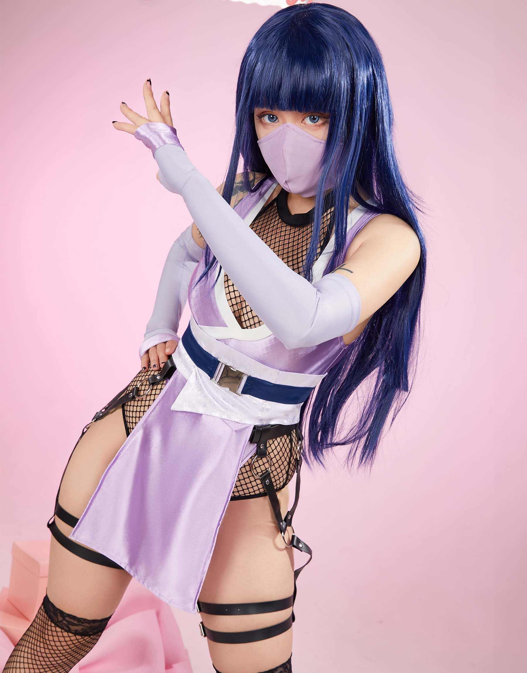 Mobbunny Womens Anime Cosplay Costume Purple High Slit Bodysuit Fishnet Mesh Bodysuit with Mask and Thigh Socks: Medium Purple