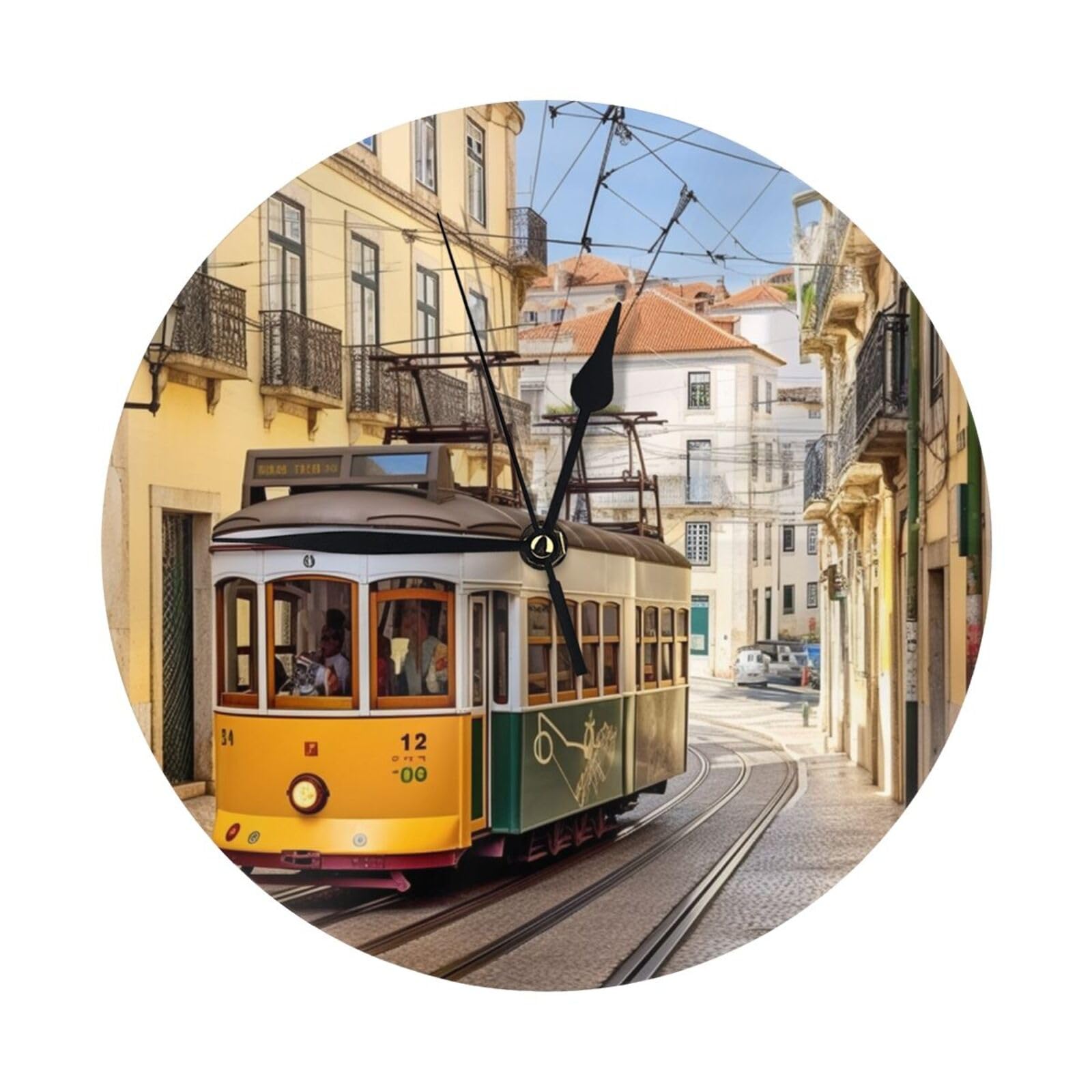 Dwrepo Lisbon Tram Wall Clock 10 Inch Non-Ticking Battery Operated Wall Clocks Modern Round Clocks Decorative for Home Kitchen Living Room Office