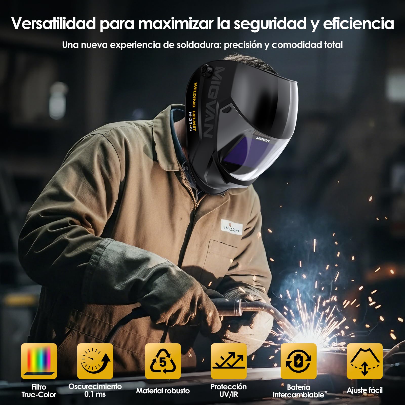 Casco de Soldar Automático True-Color, UHD 100x82mm Vista XL H-21-G | Oscurecimiento 0,1ms Solar/Batería Pantalla (DIN 4/5-9/5-13) MIG/TIG/MMA para Bricolaje, Taller & Industria