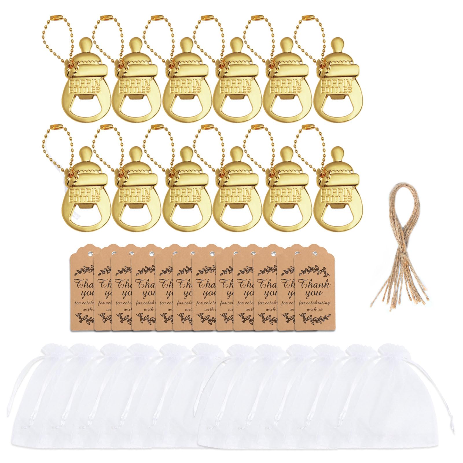 OSNIYAW 12pcs Keychains Bottle Opener with Organza Bag and Thank You Label Baby Showers Souvenirs for Guests Party Supplies Thank You Label Supplies
