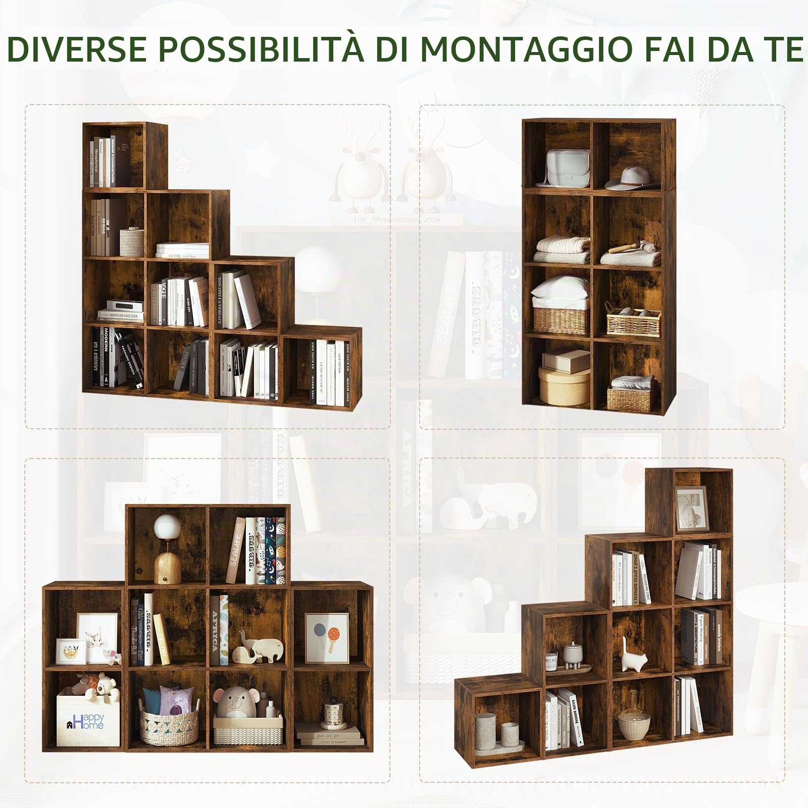 WOLTU Libreria Scaffale, Libreria a 10 Cubi, Scaffale a Scala Componibile | Mobile Portaoggetti in Legno, Divisorio per Camera da Letto, Soggiorno, Ufficio, 120x30x120 cm, Marrone Rustico