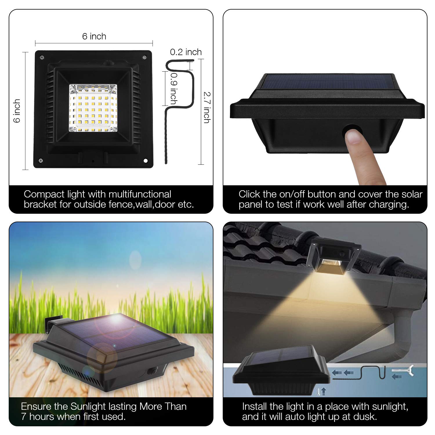Solarna Lampa LED do Rynny Dachowej, do Użytku na Zewnątrz, 25 Diod LED, Automatyczne Włączanie/Wyłączanie, Czarna, Ciepłe Białe Światło (Zestaw 6 Szt.)