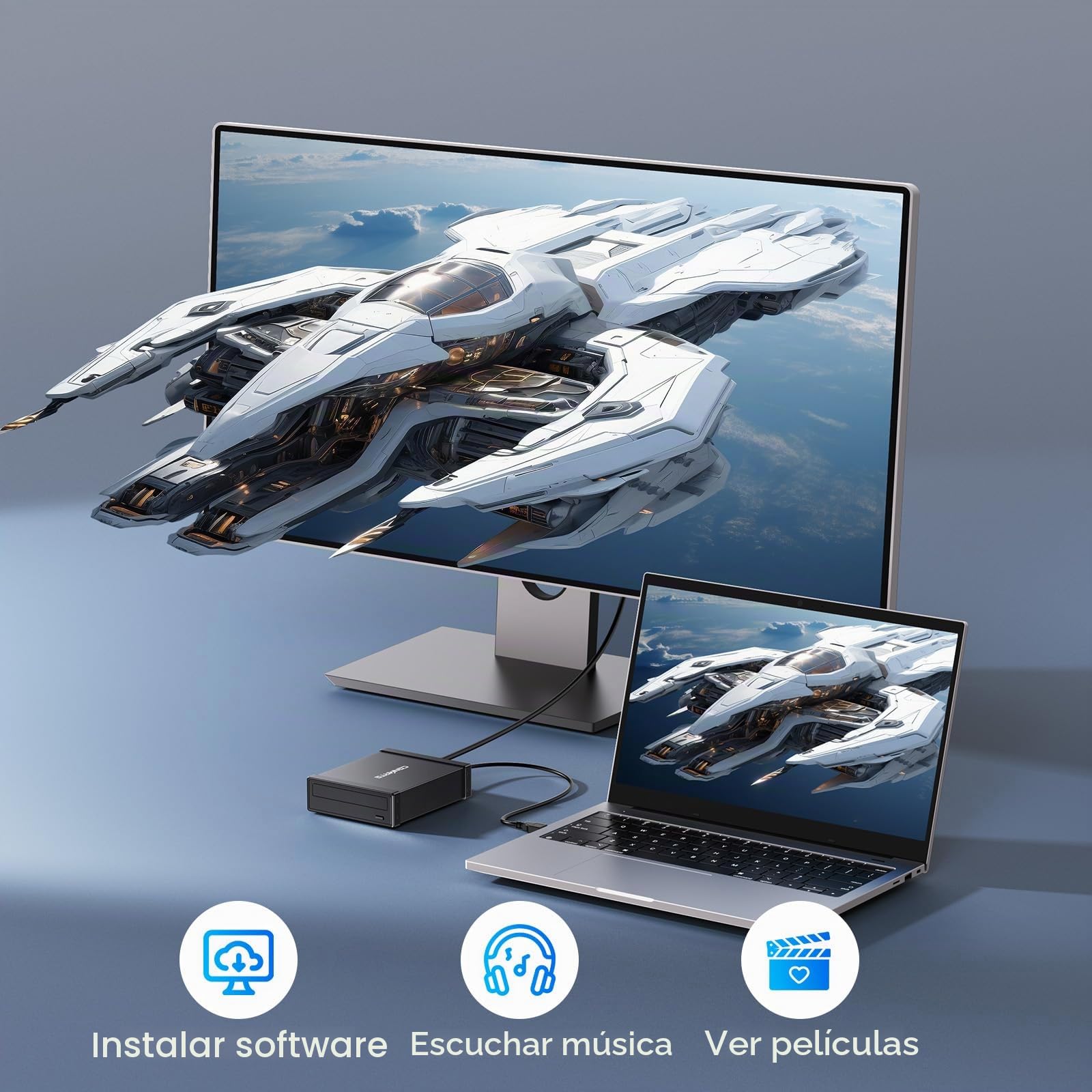 CENMATE Caja para Unidad óptica para Unidad BLU-Ray/CD/DVD SATA de 5,25 Pulgadas, 3* USB-Host, Caja Externa con Cable USB-A/C-3.0, Compatible con Intercambio en Caliente (Sin Unidad, no admite IDE)