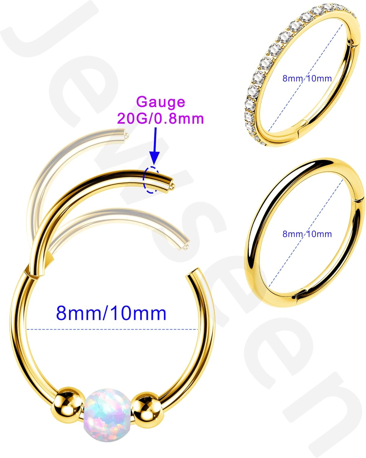 Jewseen 20G 3PCS Nose Rings Hoops 316L Surgical Steel Opal Nose Rings for Women 8mm/10mm Septum Rings Clear CZ Daith Helix Tragus Conch Piercing Jewelry Cartilage Earring - Image 5