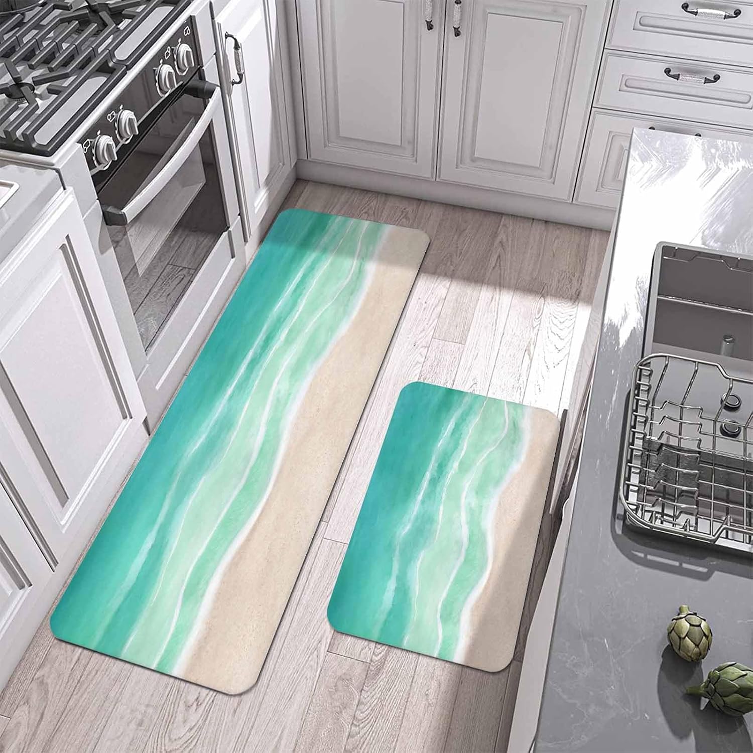 Summer Green Beach Kitchen Mats Set of 2 Coastal Nautical Watercolor Gradient Ocean Wave Non Slip Mat Washable Floor Rug for Kitchen Sink Floor Laundry, 19.7"x31.5"+19.7"x47.2"