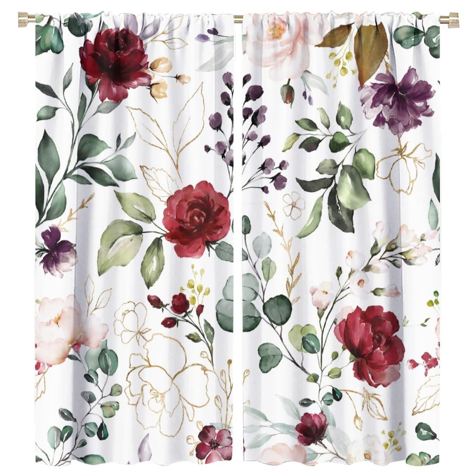 BenYaSong Floral Blackout Window Curtain Burgundy Flowers Plant Leaves Curtain Botanical Wildflower Green Gold for Living Room Bedroom Kitchen Restaurant Window Curtain Drapes 2 Panels 63x72in