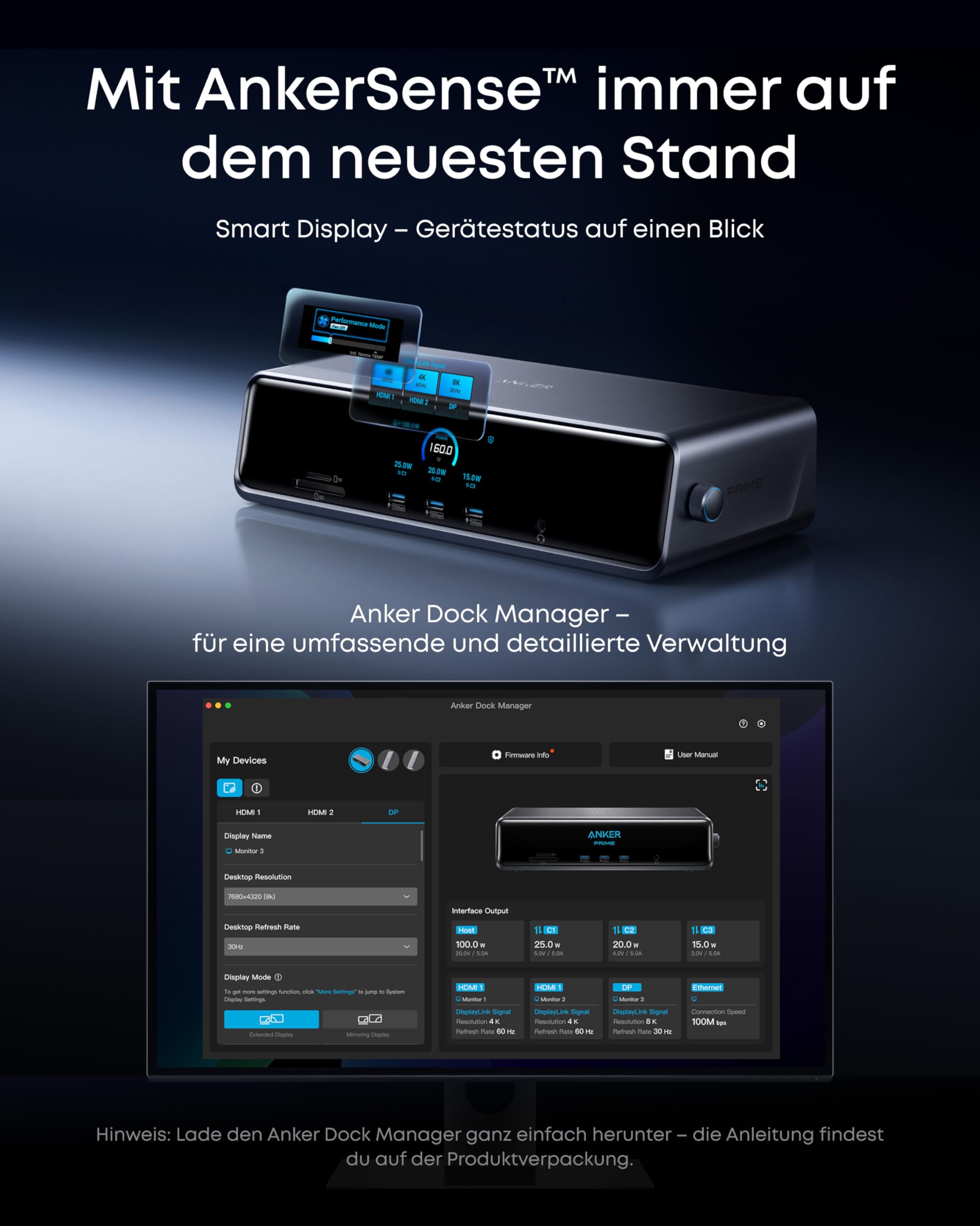 Anker Prime Docking Station, 14 Ports, Triple-Display mit DisplayLink, 140W USB-C, Smart Display, Kühlung, dreifaches 4K, für macOS & Windows (DisplayLink-Treiber erforderlich)