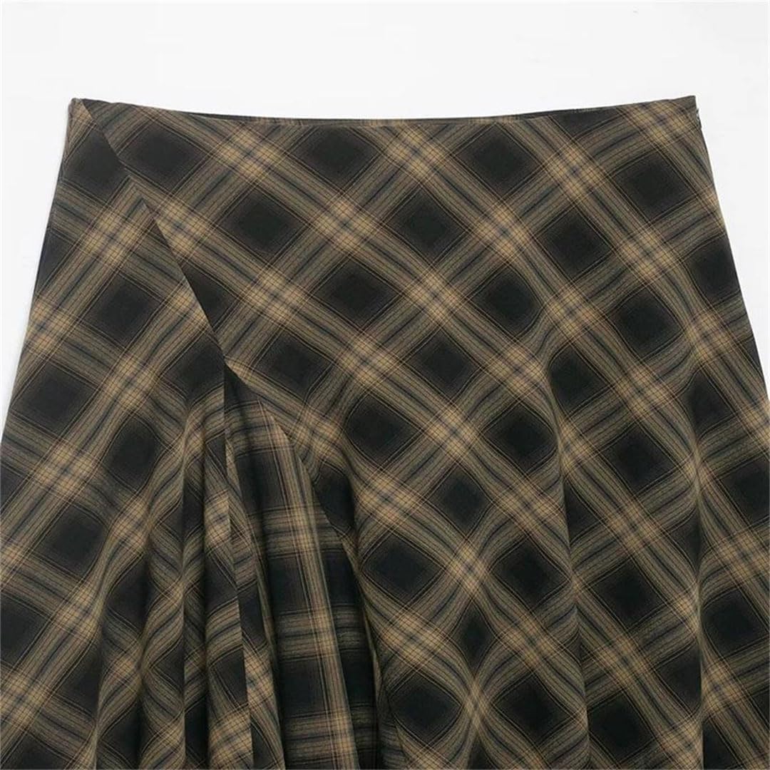 Women Irregular Hem Plaid Skirt Lace Patchwork Mid Waist Midi Skirts for Daily Wear