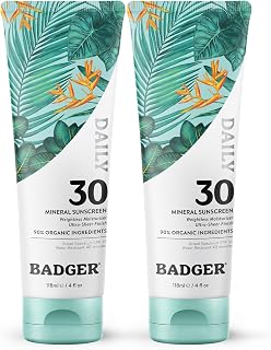 Badger Mineral Daily Sunscreen with Zinc Oxide, SPF 30, Lightweight & Easy to Apply w/No White Cast, Moisturizing Organic Sunscreen, Reef Safe, Vegan, Unscented, 4 fl oz, 2-Pack