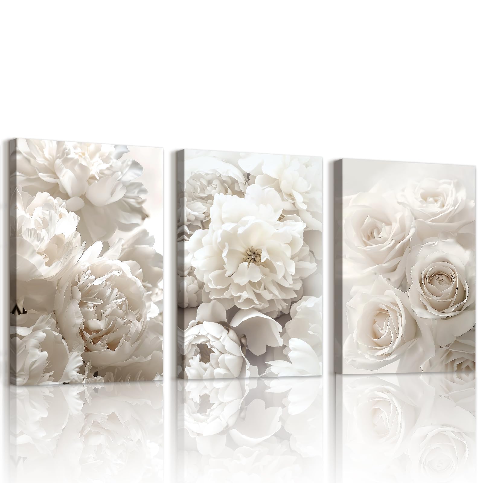 WENGTIAO Set of 3 White Floral Canvas Wall Art Framed, White Rose Peony Blooming Flowers Painting on Canvas for Modern Living Room Bedroom Wall Decor 40x60cmx3
