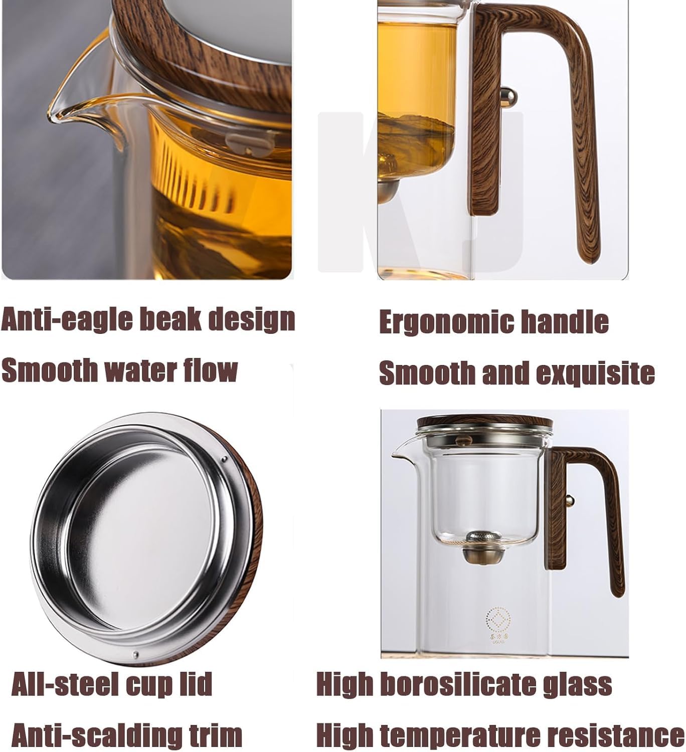 Witchcraft teapot,Enchanti Tea Pot,Magic Teapot with Infuser,Glass teapot with Strainer,Glass Teapot with Infuser,Water Separation Glass Teapot with Wooden Handle (Transparent,720ml+2*Cup)